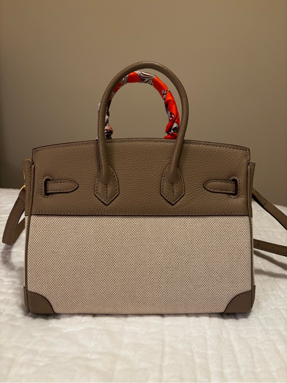 Taupe and Beige Structured Top-Handle Bag - Picture 2 of 4